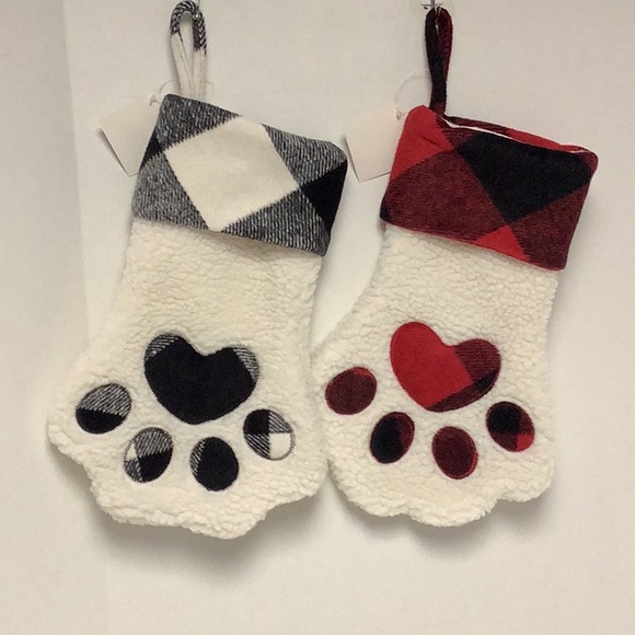 NWT set of two dog stockings buffalo plaid fleece dog foot shaped - Picture 1 of 3